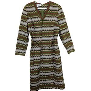 Vintage Nelly Don Dress Medium Green Chevron Long Sleeve Knee Length Zip Belted